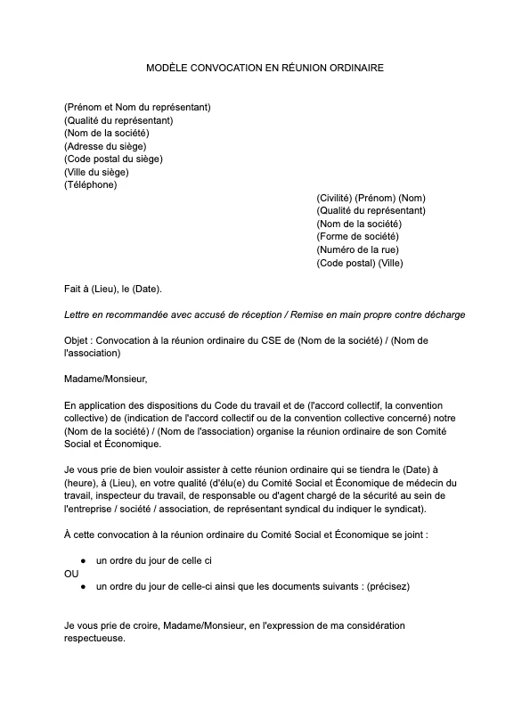 Modèle gratuit convocation réunion CSE